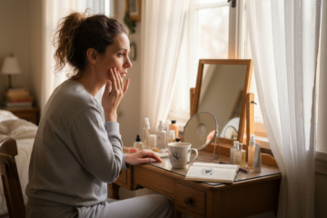 Eine Frau fasst sich nachdenklich an eine trockene Stelle im Gesicht.