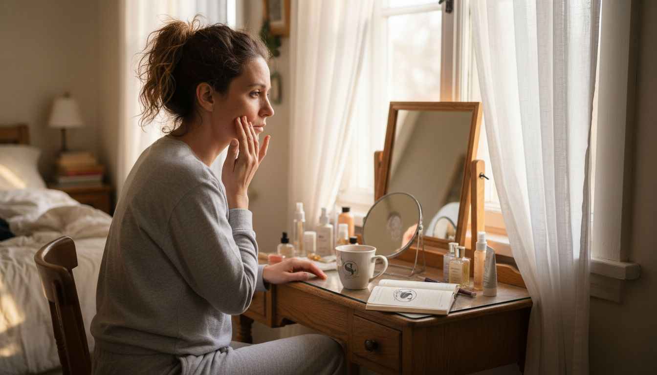 Eine Frau fasst sich nachdenklich an eine trockene Stelle im Gesicht.