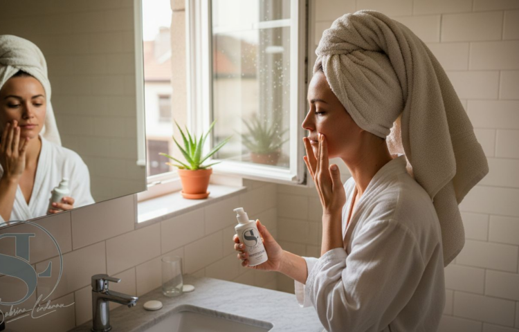 Eine Frau trägt morgens in ihrem sonnendurchfluteten Badezimmer Gesichtscreme auf.