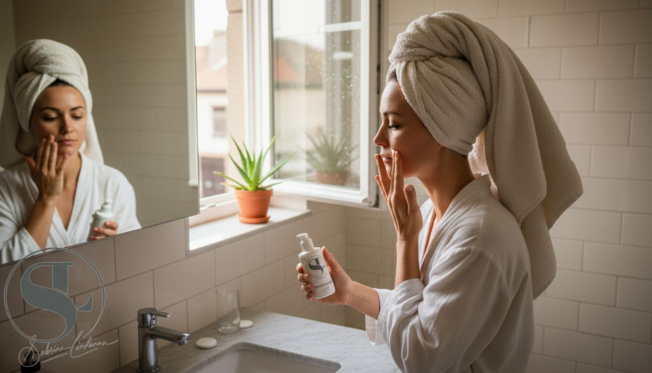 Eine Frau trägt morgens in ihrem sonnendurchfluteten Badezimmer Gesichtscreme auf.