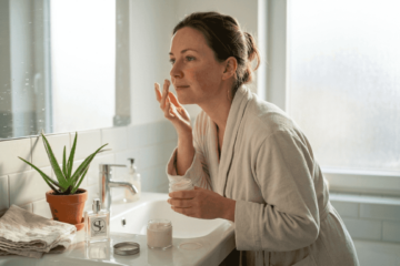 Eine Frau trägt sanft eine pflegende Creme auf ihr Gesicht auf.