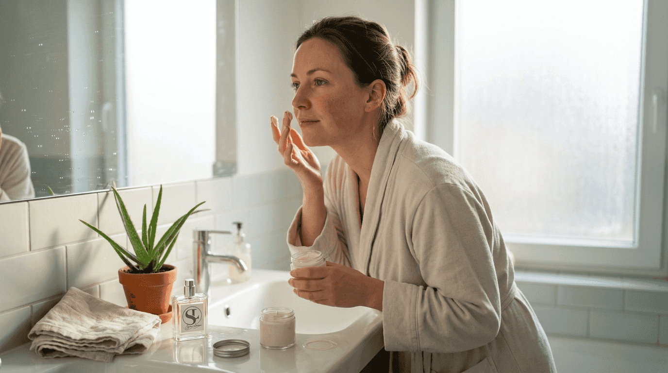 Eine Frau trägt sanft eine pflegende Creme auf ihr Gesicht auf.