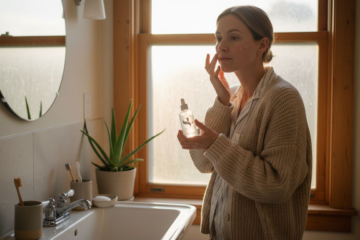 Im Badezimmer trägt eine Frau behutsam ein pflegendes Serum auf ihre Haut auf.