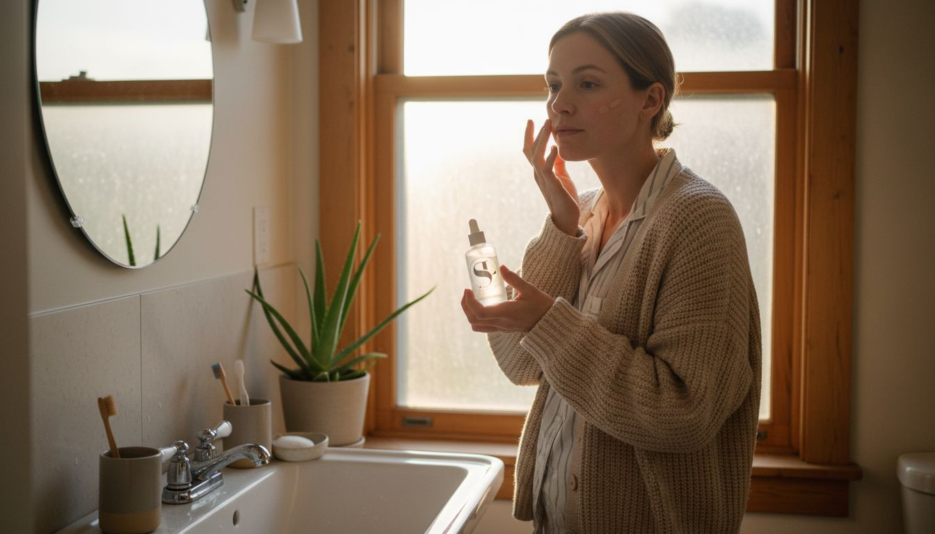 Im Badezimmer trägt eine Frau behutsam ein pflegendes Serum auf ihre Haut auf.