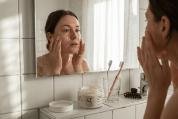 Eine Frau trägt am Waschbecken eine beruhigende Creme auf ihre gerötete Haut auf.