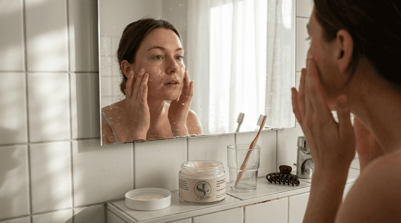 Eine Frau trägt am Waschbecken eine beruhigende Creme auf ihre gerötete Haut auf.